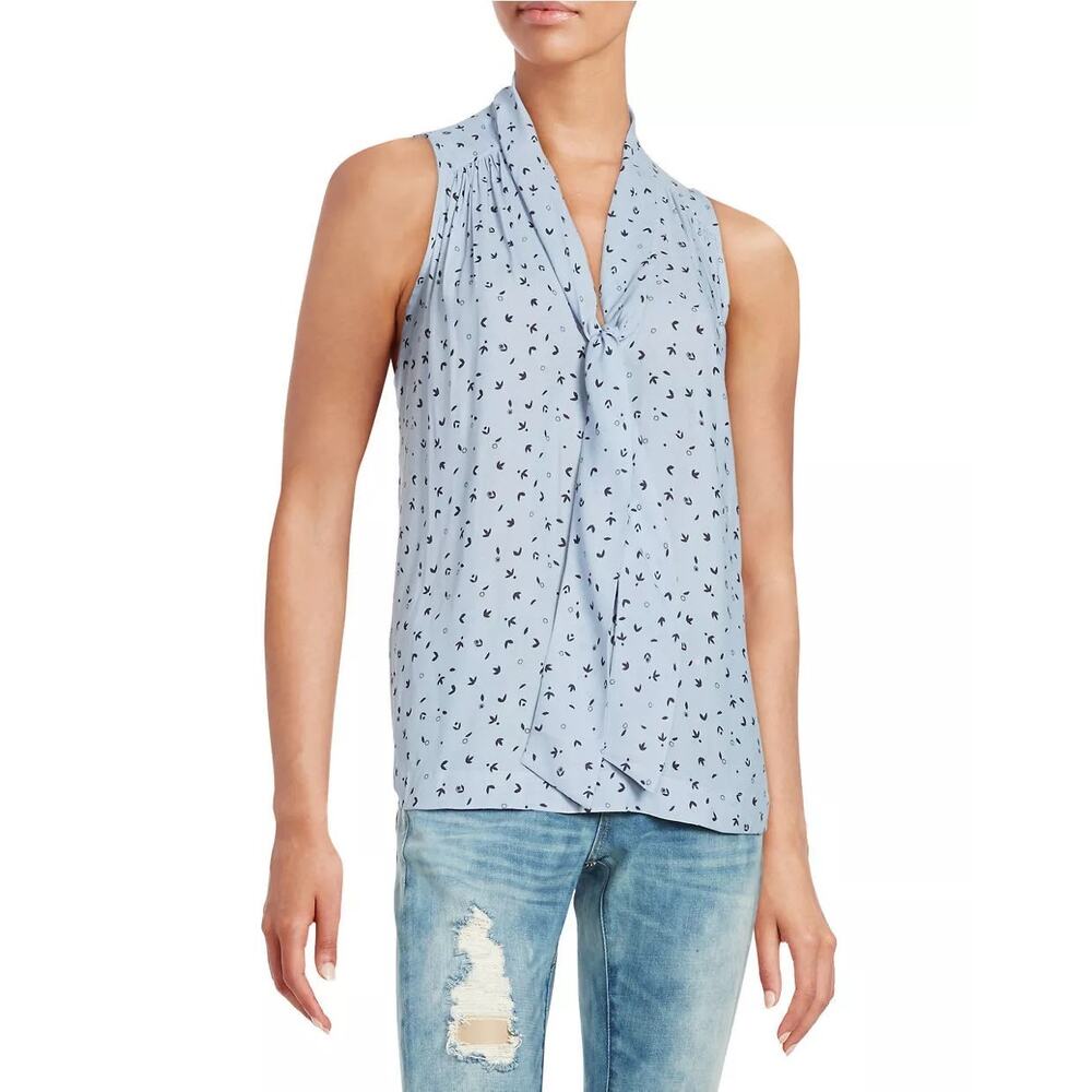 Free People Blouse Top Blue Printed V-Neck Tie Front Pleated Sleeveless Sz M